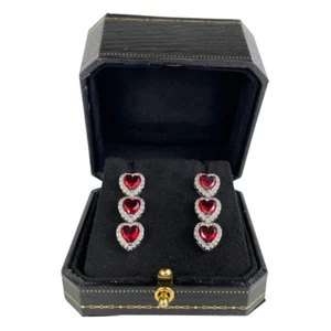 WHITE GOLD FINISH Red Ruby Heart Cut Created Diamond Dangle Earrings - Picture 1 of 6
