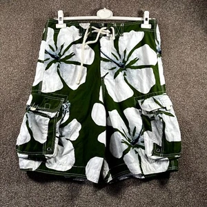 Hollister Swim Trunks Men's Medium Green White Floral Print Mesh Lined Pockets - Picture 1 of 9