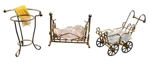 1:12 Doll House Miniature Furniture Brass Wire Wash Basin Stand Carriage Cradle - Picture 1 of 23