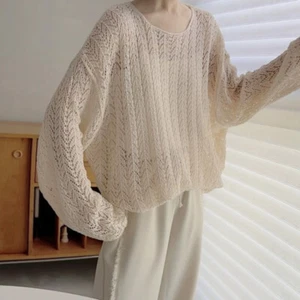 1X Damen-T-Shirt ausgehöhlt Tops durchsichtig lässig Strickbluse Strickwaren Spitze - Bild 1 von 21