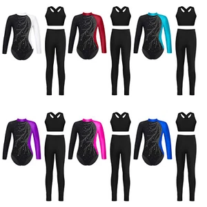 Kids Girls Suit Gymnastics Outfit Keyhole Back Set Leotard Activewear Athletic - Picture 1 of 28