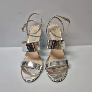 Betsey Johnson Silver Foil Jenna Ankle Strap Open Toe Stiletto Shoe Sz 9.5 Heels - Picture 1 of 16