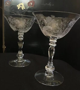 2 Tiffin “Imperial Forest” Etched Cocktail/ Champagne/ Tall Sherbet Glasses - Picture 1 of 5