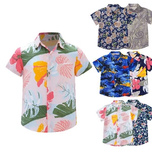 Boys Hawaiian Shirts Novelty Printed Short Sleeve Button Down Shirt Kids Summer - Picture 1 of 37