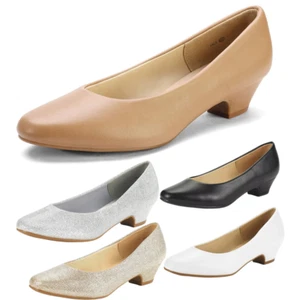 Women Slip On Pumps Low Chunky Heel Close Toe Classic Pump Shoes - Picture 1 of 17