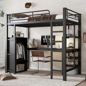 Hochbett Eisenbett 90x200cm mit Schreibtisch & Kleiderschrank Kinder- Jugendbett - Bild 1 von 20