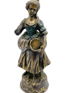 Statua di donna in bronzo primitivo vintage smaltata colorata su abito fondo grande - Foto 1 di 8