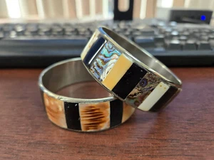 2 PCS MOP ABALONE SHELL INLAY STAINLESS STEEL BANGLE BRACELET 1” - Picture 1 of 3