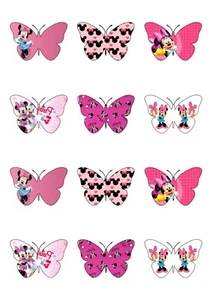 12 Pink Minnie Mouse Butterfly Shaped Edible Wafer Paper Cupcake Cake Toppers - Picture 1 of 6