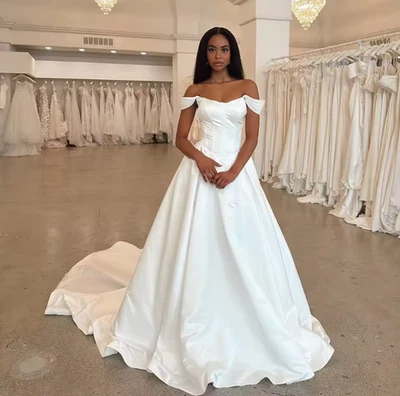 Popular Fuera del Hombro Sweetheart Línea A Vestidos de Novia Barrido Tren Foto 1 de 4