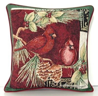 Red Cardinals Rest On Branches Of Pine Cones, Poinsettias, Tapestry Pillow New - Imagem 1 de 4