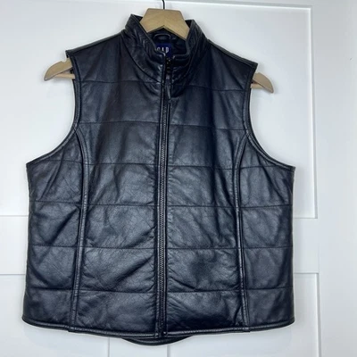 Vintage GAP Black Leather Vest Womens Medium 1999 Quilted Lined VTG Y2K Full Zip - Image 1 of 4