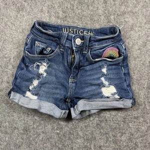 Justice Girls Denim Jean Mini Mom Shorts SZ 7 Distressed Embroidered Summer - Picture 1 of 7