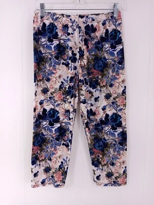 Pantalones Legging Capri Talla Grande Mujer 30" Blanco Floral Azul y Rosa Cintura Elástica Foto 1 de 4