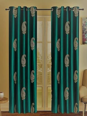 2 Pieces Hand Block Gold Paisley Eyelet Polyester Door Curtains 7Ft - Turquoise - Image 1 of 4
