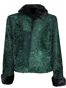 Green Persian Lamb Fur Bomber Jacket Real Mink Fur Collar Astrakhan Fur Coat - Picture 1 of 5