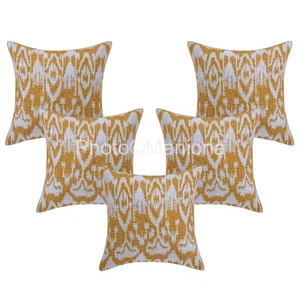 Yellow Cotton Ikat Kantha Cushion Cover Indian Handmade 16" Decor Pillow Case - Picture 1 of 5