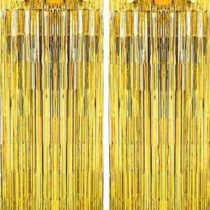 Gold Tinsel Foil Fringe Curtains 2PC Wedding Birthday Photo Booth Backdrops - Picture 1 of 3