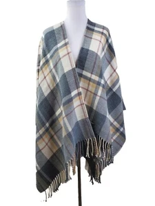 Ann Taylor Womens Poncho Oversized Large Sweater Plaid Brown Fringe Layering - Picture 1 of 8