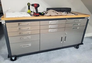 11 Drawer Tool Storage Chest Cabinet Stainless Steel Wood Top 6' Wide Workbench - Picture 1 of 5