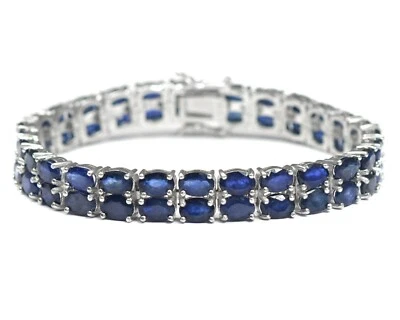 Brazalete nupcial tenis de dos líneas de plata de ley 925 con piedras preciosas de zafiro natural Foto 1 de 4