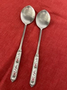Set of 2 Stainless Steel 18-8 BAEK SAN 8" Serving Spoons Porcelain Floral Handle - Picture 1 of 6
