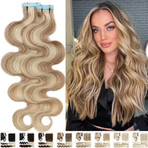 Body Wave 20PCS Tape In Remy Human Hair Extensions Skin Weft FULL HEAD Highlight - Picture 1 of 79
