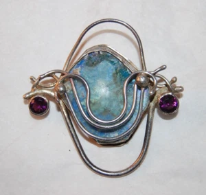 ORIGINAL ROMAN GLASS STERLING SILVER PENDANT PIN BROOCH ORIG. BOX - Bild 1 von 5