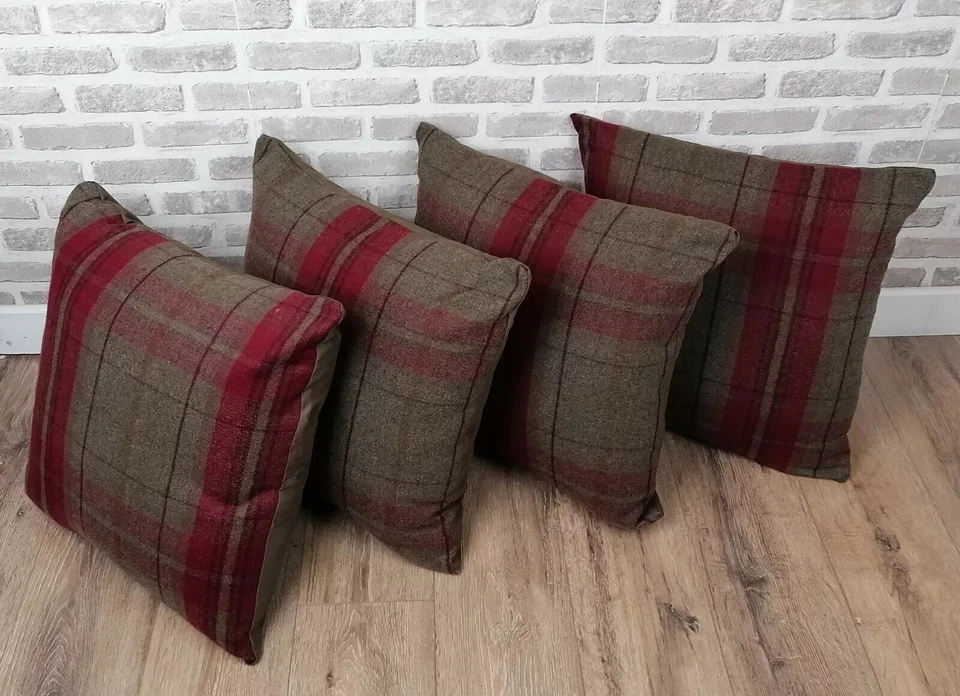 22" (56cm) 4 x Red Check Wool Feel Cushion Covers With/Without Cushions - Image 1 of 1