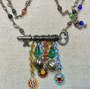 Skeleton Key Necklace- Up Cycled Colorful Glass & Metal Beads, Unique 30” Chain - Picture 1 of 5