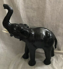 Vintage Black Leather African Elephant Statue Figurine Lucky Sign Trunk Up
