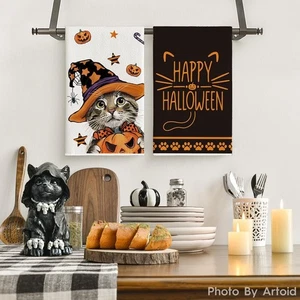 Cat Pumpkin Halloween Kitchen Towel Set Absorbent Cute Design - Picture 1 of 6