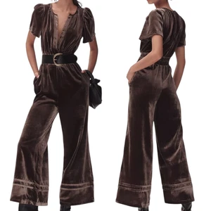 NWT ANTHROPOLOGIE Somerset Jumpsuit XL Brown Velvet Short Sleeve Wide Leg - Picture 1 of 9