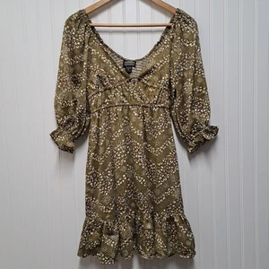 NWT Angie Dress Womens M Brown Chevron Satin Mini Fit & Flare Smocked Back Boho - Picture 1 of 16
