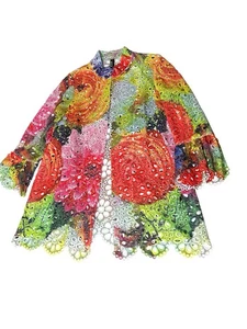 Berek Wearable Art Floral Embroidery Cutout A-Line Jacket Size Large Rainbow Red - Bild 1 von 14
