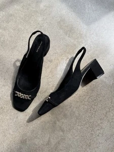 Ann Taylor Chain Detail Black Suede Slingback Heels Size 8 - Picture 1 of 9