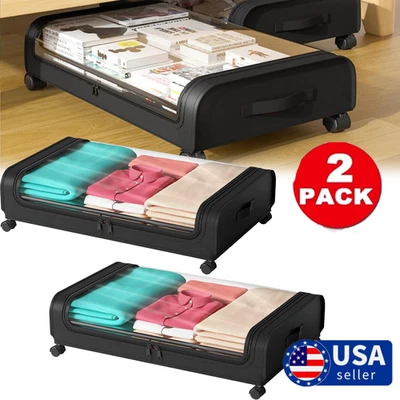 XXL Under Bed Storage| 2-Pack Rolling Bins with Clear Lids for Clothes Container - Image 1 of 4