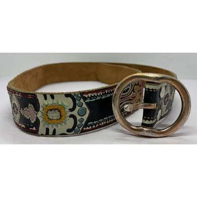 Vintage Lucky Brand Leather Boho Chic Embroidered Metallic Detailed Belt Size XL - Image 1 of 4