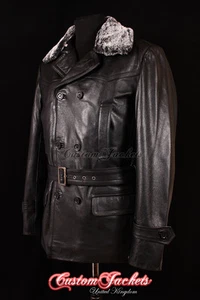 Men's KRIEGSMARINE FUR COLLAR German Jacket Pea Coat Black Real Cowhide Leather - Picture 1 of 12