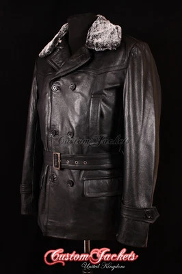 Men's KRIEGSMARINE FUR COLLAR German Jacket Pea Coat Black Real Cowhide Leather - Изображение 1 из 4