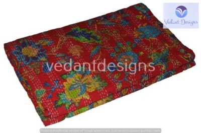 Handmade Floral Kantha Embroidery Queen Blanket Throw Boho Hippie Bedspread - Image 1 of 4