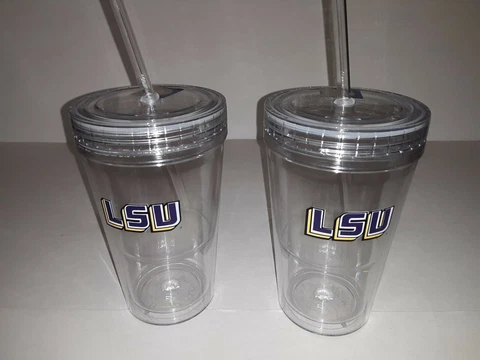 LSU Tigers 16oz Clear Tumbler with Screw on Lid and Straw ( Set of Two ) Cover