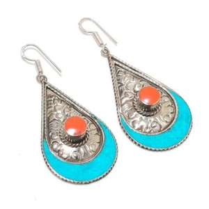 Red Coral Turquoise Earrings Tibetan Silver Vintage Nepali Jewelry 3.10" NE 5210 - Picture 1 of 6