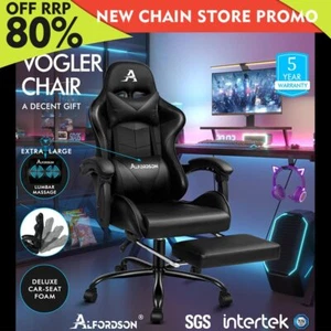 ALFORDSON Gaming Chair Office Executive Racing Footrest Seat Leather All Black - Picture 1 of 12