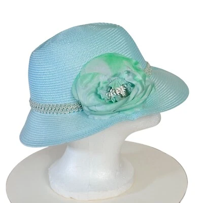Sombrero Fedora Clásico Mr Hi Bebé Azul Floral De Colección Años 80 Pascua Verano Moda Iglesia Foto 1 de 4