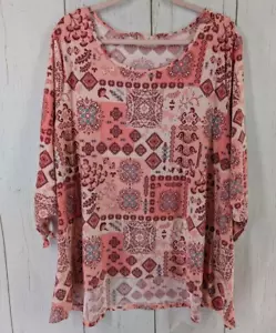 Bobbie Brooks Size 2X Pink Red Pattern Womens 3/4 Sleeve Tunic Blouse NWT - Picture 1 of 7