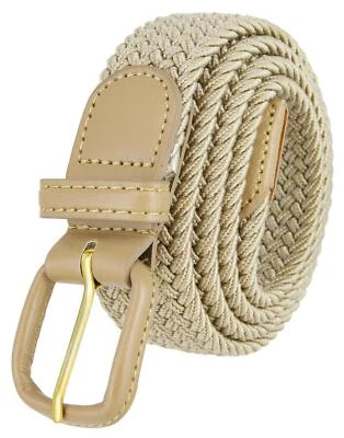 Beige Belt Leather Covered Buckle Woven Elastic Stretch Belt 1-1/4" Wide - Image 1 of 3