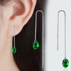 925 Sterling Silver Plated Oval Green CZ Threader Dangle Drop Chain Earrings C9 - Picture 1 of 3