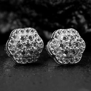 White Gold 925 Sterling Silver Round Flower Set Iced Cz Hip Hop Stud Earrings - Picture 1 of 6