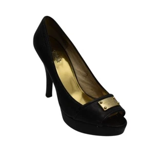 Zapatos Michael Kors Peep Toe Plataforma Tacones Altos 10 Cuero Negro Dorado Logo Placa - Imagen 1 de 6